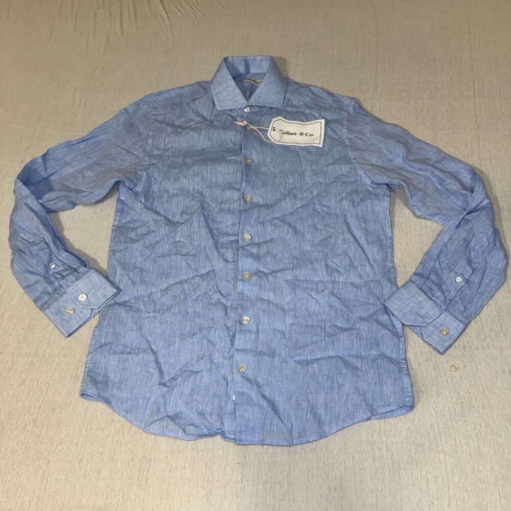 Collars & Co Men Small Blue 100% Linen Long Sleeve Button Up Dress Shirt (read)